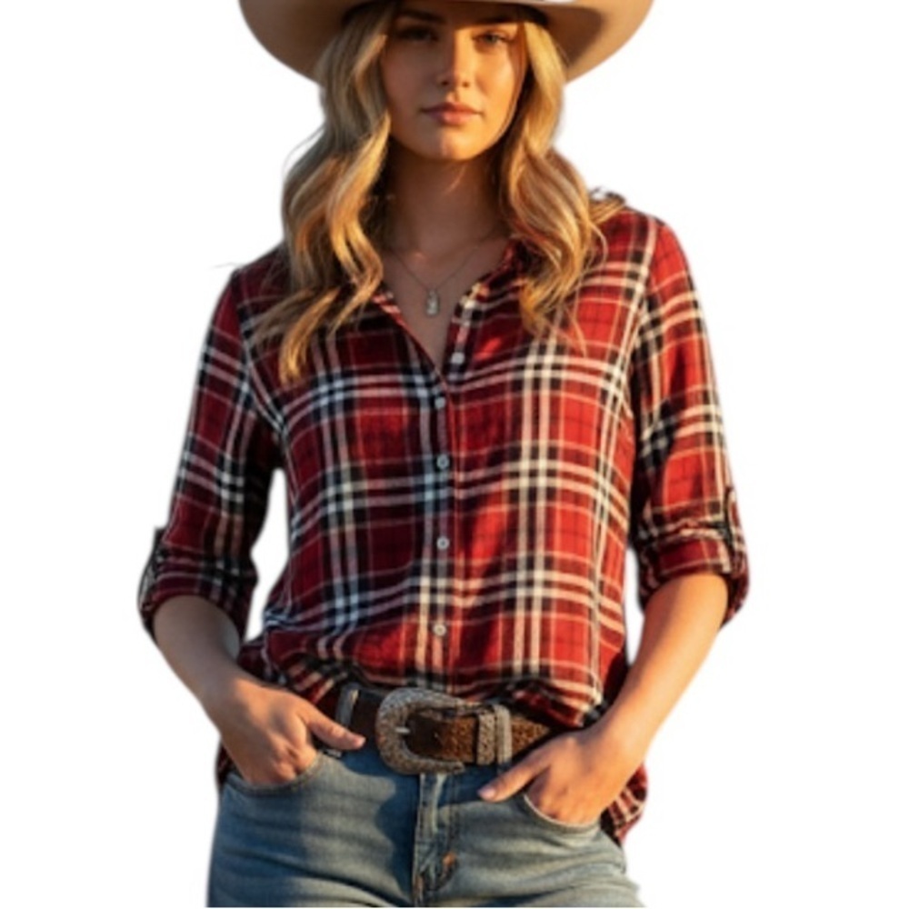 ✨3/$21✨Fever Red Plaid Roll Tab Sleeve Blouse Small Rayon Button Front Shirt NWT